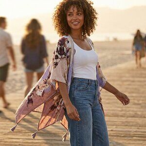 Vince Camuto Women One Size Floral Kimono Cardigan Tassel Boho Festival Layering